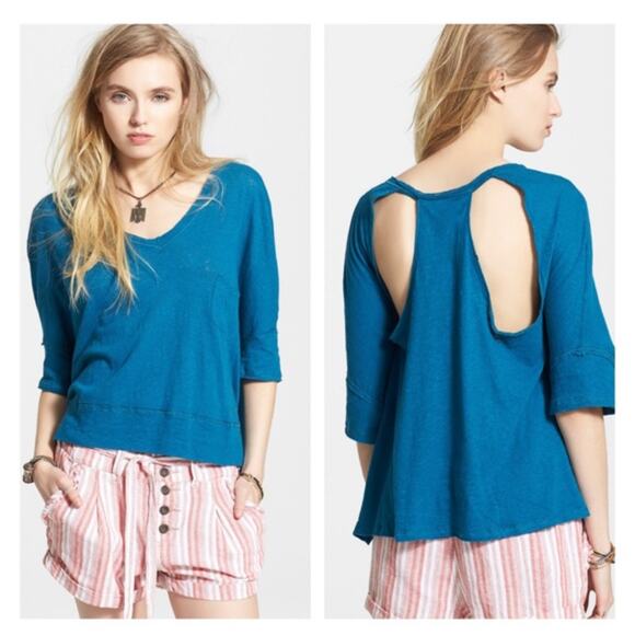 Free People Crescent Moon Tee in Peacock Size Medium Linen Cotton Blend - Picture 1 of 8